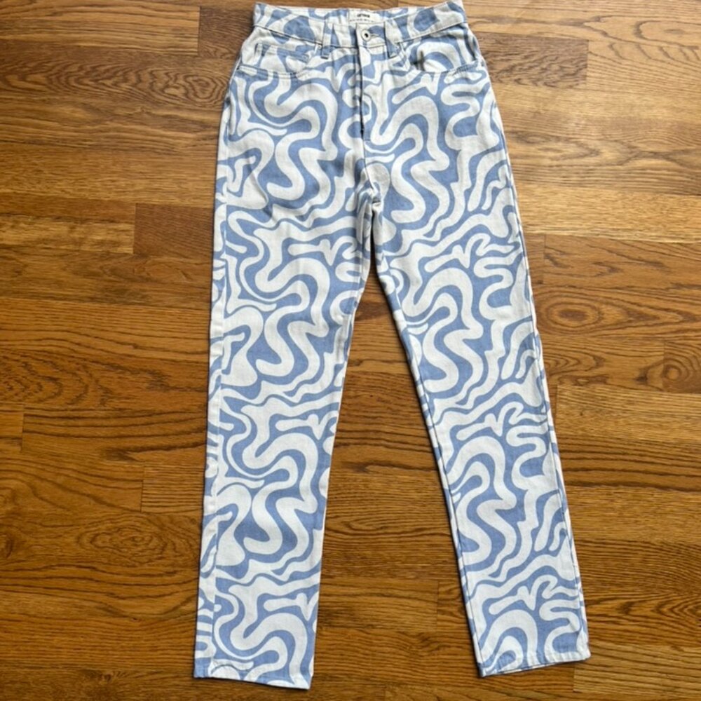 Cotton On Long Straight Leg Blue and White Swirl Jeans Size 4US Skater
